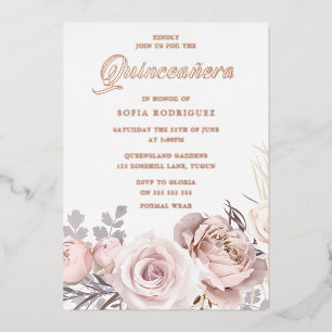 Rose Gold Foil Blush Flowers Quinceanera Party Invitation