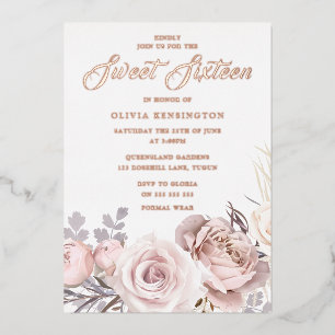 Rose Gold Foil Blush Flowers Sweet 16 Party Invitation