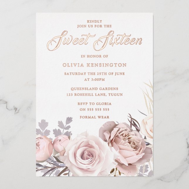 Rose Gold Foil Blush Flowers Sweet 16 Party Invitation (Front)