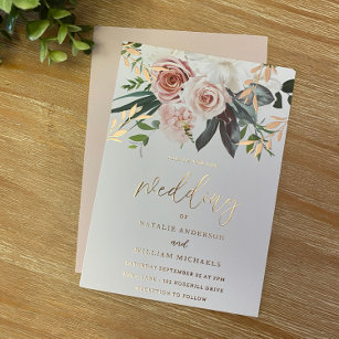 Rose Gold Foil & Blush Flowers Wedding Foil Invitation