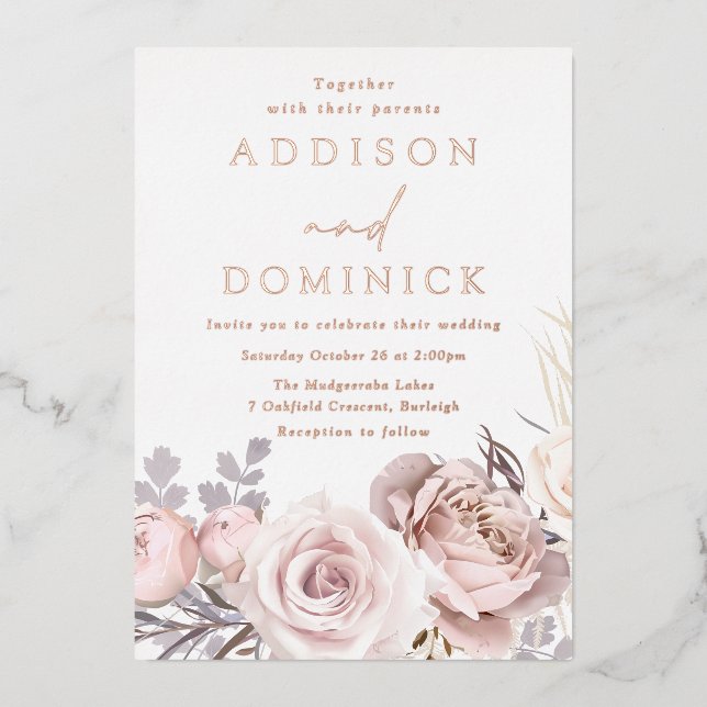Rose Gold Foil Blush Flowers Wedding Invitation (Front)