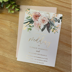 Rose Gold Foil & Blush Flowers Wedding Invitation