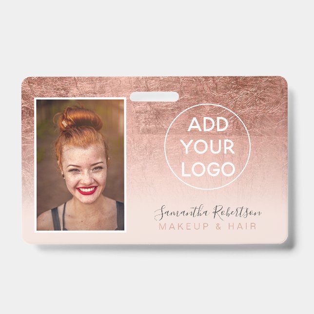 Rose gold foil blush logo employee photo pass badge (Front)
