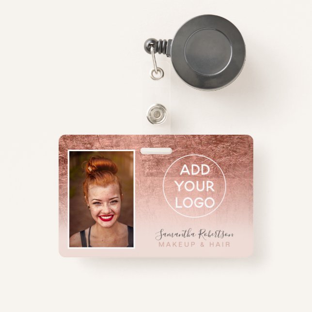 Rose gold foil blush logo employee photo pass badge (Front with Retractable)