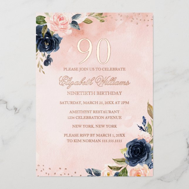 ROSE GOLD FOIL Blush Navy Floral 90th Birthday  Foil Invitation (Front)