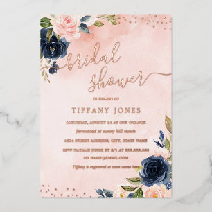ROSE GOLD FOIL Blush Navy Floral Bridal Shower  Invitation