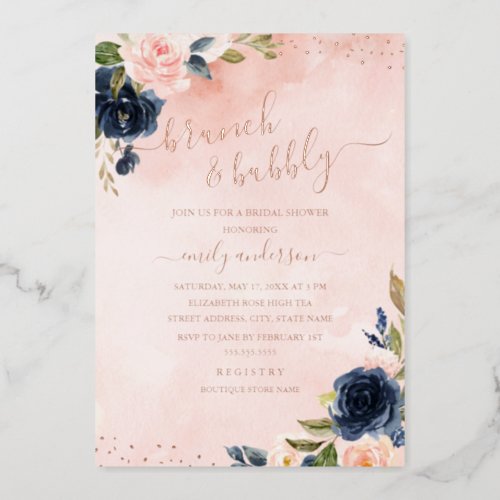 ROSE GOLD FOIL Blush Navy Floral Brunch And Bubbly Foil Invitation