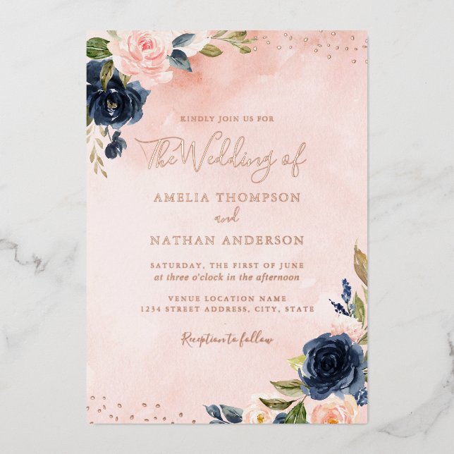 ROSE GOLD FOIL Blush Navy Floral Wedding Foil Invitation (Front)