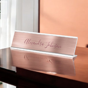 Rose Gold Foil Blush Pink Burgundy Modern Desk Name Plate