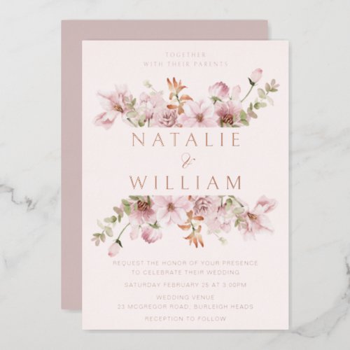 Rose Gold Foil  Blush Pink Floral Wedding Foil Invitation