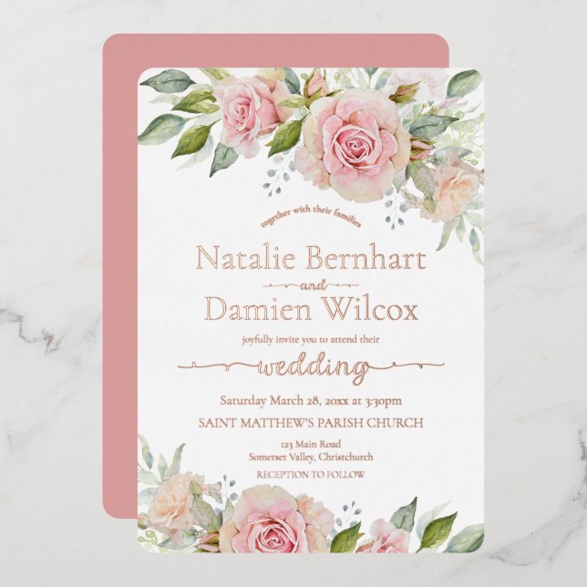 Rose Gold Foil Blush Pink Floral Wedding Foil Invitation (Front/Back)
