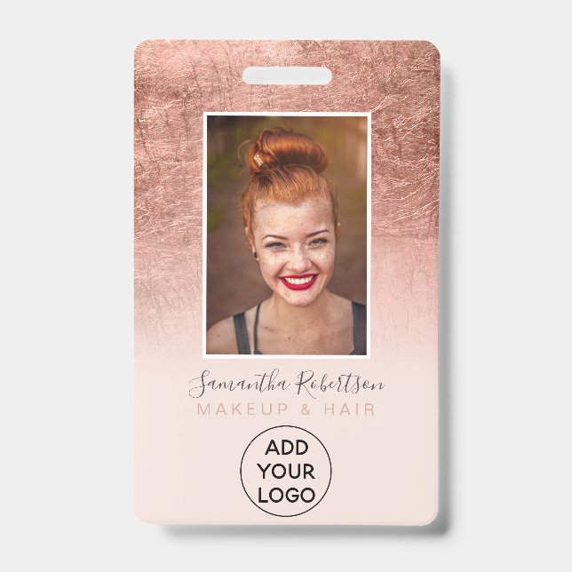 Rose gold foil blush pink logo employee photo pass badge (Front)