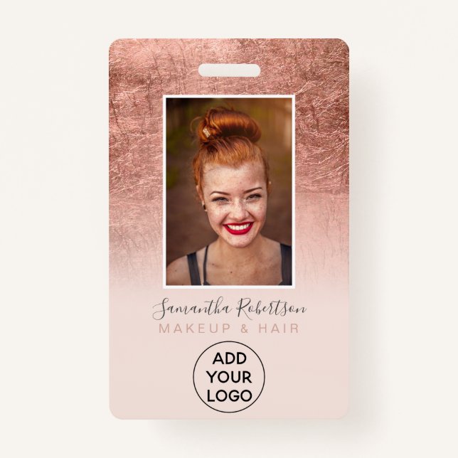 Rose gold foil blush pink logo employee photo pass badge (Front)