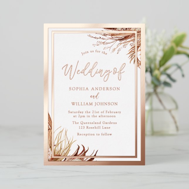 Rose Gold Foil Bohemian Boho Leaves Wedding Invitation (Standing Front)