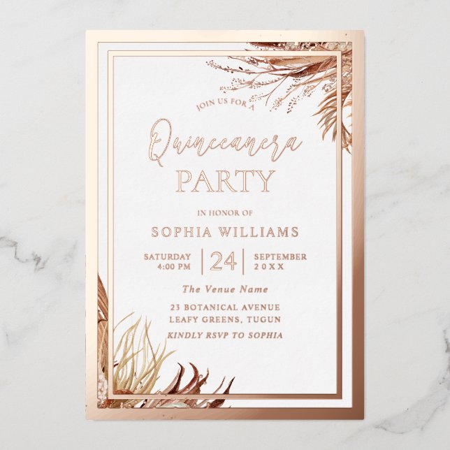 Rose Gold Foil Bohemian Boho Quinceanera Party Foil Invitation (Front)