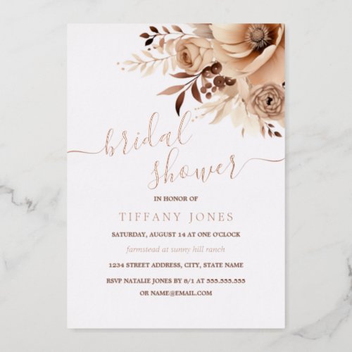 ROSE GOLD FOIL Boho Beige Floral Bridal Shower   Foil Invitation