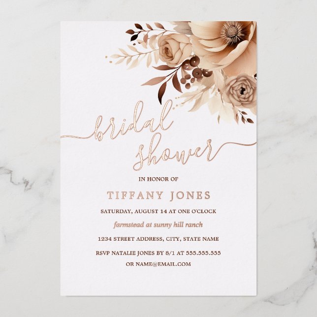 ROSE GOLD FOIL Boho Beige Floral Bridal Shower   Invitation (Front)