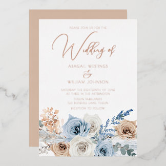 Rose Gold Foil Boho Blue Wedding Foil Invitation