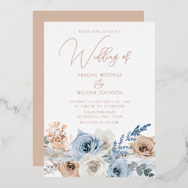 Rose Gold Foil Boho Blue Wedding Invitation (Front/Back)
