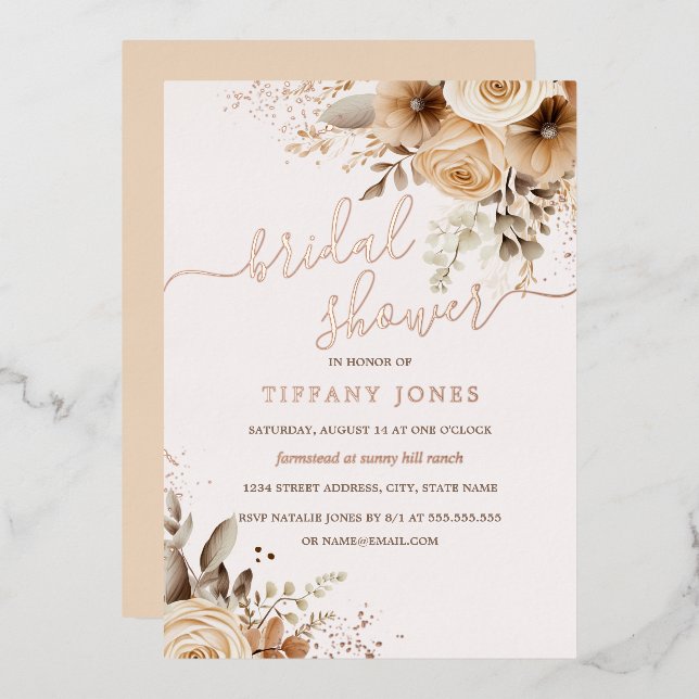 ROSE GOLD FOIL Boho Floral Bridal Shower   Foil Invitation (Front/Back)
