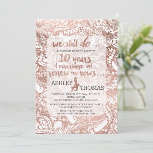 Rose Gold Foil Boho Floral Hand Drawn Vow Renewal Invitation Zazzle