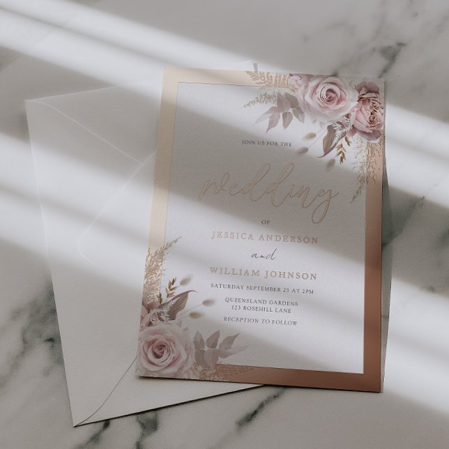 Rose Gold Foil Border Blush Dusty Rose Wedding Invitation (Creator Uploaded)