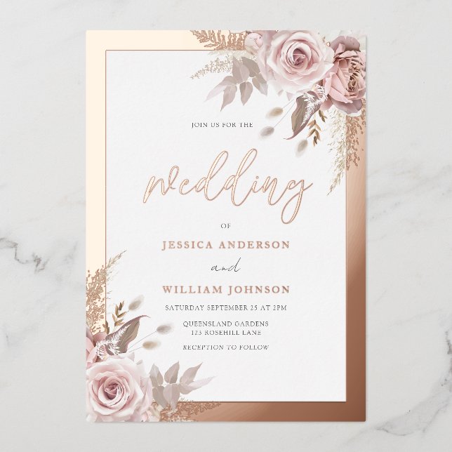 Rose Gold Foil Border Blush Dusty Rose Wedding Invitation (Front)