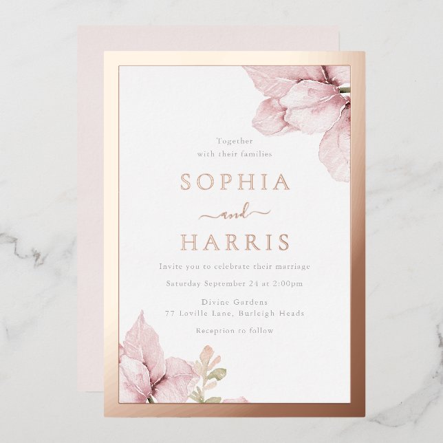 Rose Gold Foil Border Blush Floral Wedding Invitation (Front/Back)