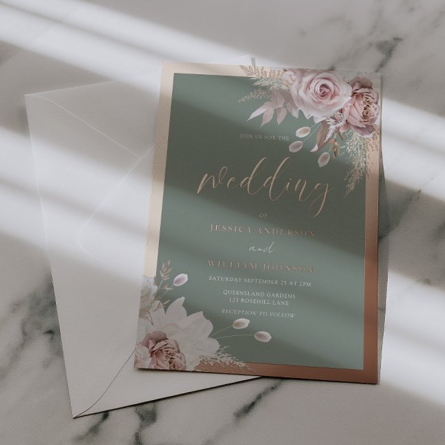 Rose Gold Foil Border Blush & Sage Floral Wedding  Foil Invitation (Creator Uploaded)