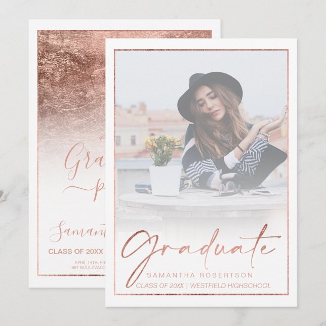Rose gold foil border calligraphy photo graduation invitation (Front/Back)
