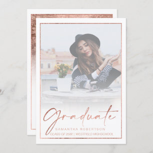 Rose gold foil border calligraphy photo graduation invitation