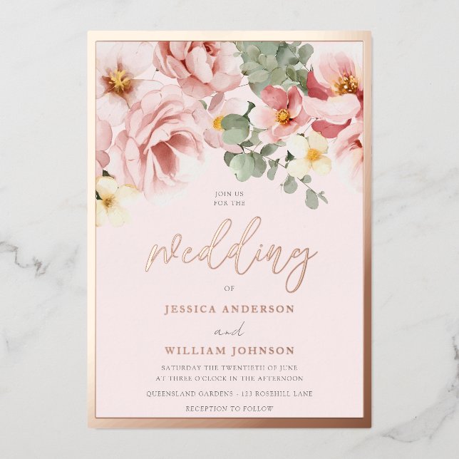 Rose Gold Foil Border Dusty Rose Floral Wedding Foil Invitation (Front)