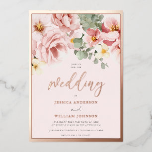 Rose Gold Foil Border Dusty Rose Floral Wedding Invitation
