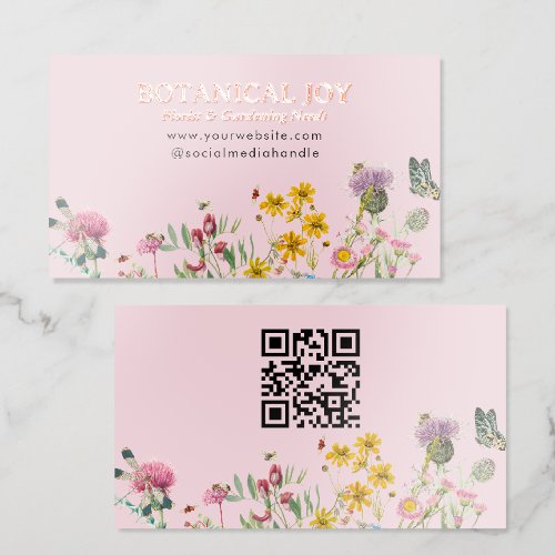Rose Gold Foil Botanical Wildflowers Florist Pink Business Cards