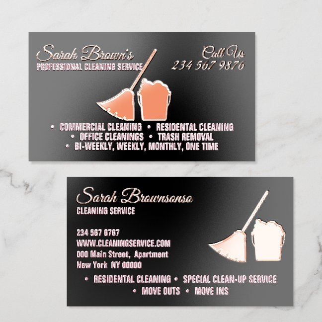 Rose Gold Foil Broom Black Elegant House Cleaning Spot Gloss Business Cards