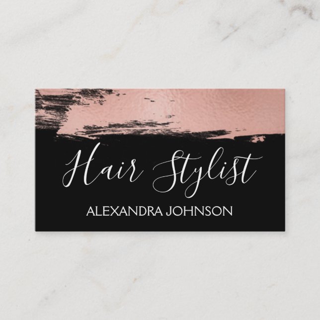 Rose Gold Foil Brush Stroke Hair Stylist Business Card (Front)