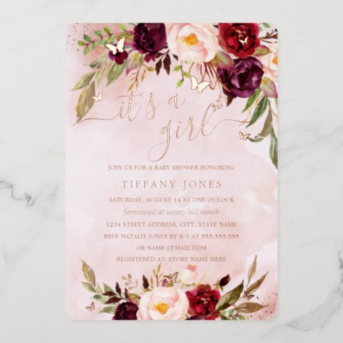 ROSE GOLD FOIL Burgundy Blush Floral Baby Shower  Foil Invitation