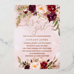 ROSE GOLD FOIL Burgundy Blush Floral Baby Shower  Invitation