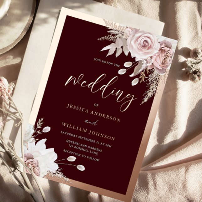 Rose Gold Foil Burgundy Blush Floral Wedding Foil Invitation (Creator Uploaded)