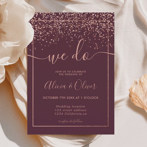Rose gold foil burgundy photo initials wedding invitation