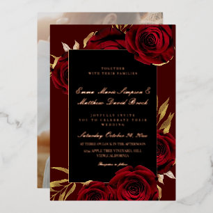 Rose Gold Foil Burgundy Red Black Floral Wedding Invitation
