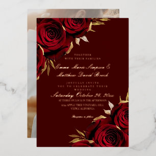 Rose Gold Foil Burgundy Red Floral Wedding Invitation