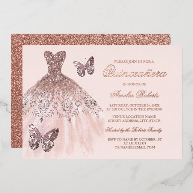 ROSE GOLD FOIL Butterfly Dress Quinceanera  Foil Invitation (Front/Back)