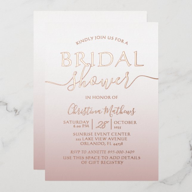 Rose Gold Foil Calligraphy Bridal Shower  Foil Invitation (Front/Back)