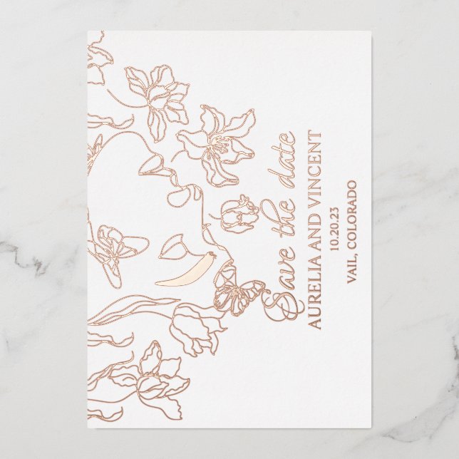 Rose gold foil calligraphy save the date card (Front)