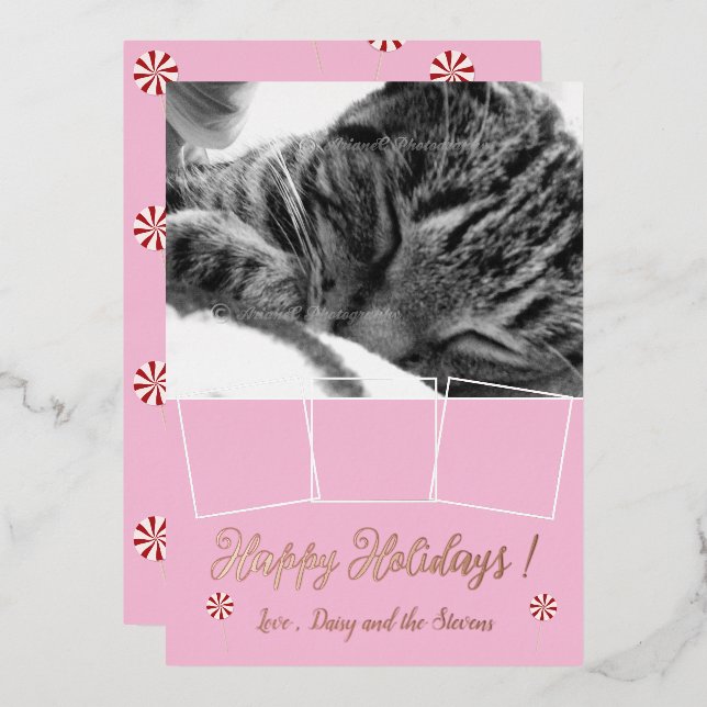 Rose Gold Foil Cat Photo Collage Pink Holiday Card (Front/Back)