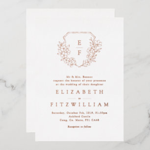 Rose Gold Foil Cherry Blossom Bloom Monogram Crest Invitation
