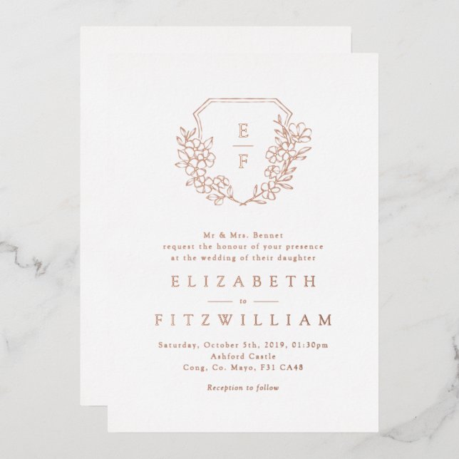 Rose Gold Foil Cherry Blossom Bloom Monogram Crest Invitation (Front/Back)