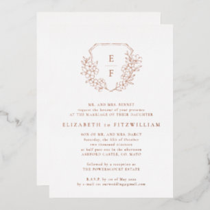 Rose Gold Foil Cherry Blossom Monogram Crest Foil Invitation