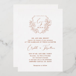 Rose Gold Foil Cherry Blossom Monogram Crest  Invitation